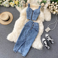 Amolapha Women Jeans Vest+Skirts Sets Straps Tops Buttons Denim Skirt Suits for Woman