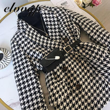 Load image into Gallery viewer, Autumn Winter Blazer Woolen Coat Women Fashion Elegant Double Breasted Houndstooth Thick Office Work Jacket Suit With Waist Bag
