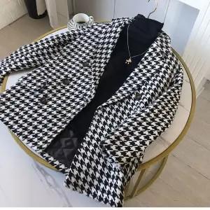 Autumn Winter Blazer Woolen Coat Women Fashion Elegant Double Breasted Houndstooth Thick Office Work Jacket Suit With Waist Bag