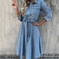 2021 Women's Denim Midi Shirt Dress Fashion Autumn Short Sleeve Slim Solid blue Casual Long Loose Jean Dresses #40