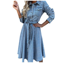 Load image into Gallery viewer, 2021 Women&#39;s Denim Midi Shirt Dress Fashion Autumn Short Sleeve Slim Solid blue Casual Long Loose Jean Dresses #40
