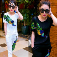 AILOOGE Summer Female Suit Peacock Trousers Suit With Sequins Women's Tracksuits Thin Pullover Women Set Clothing
