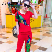Load image into Gallery viewer, AILOOGE Summer Female Suit Peacock Trousers Suit With Sequins Women&#39;s Tracksuits Thin Pullover Women Set Clothing
